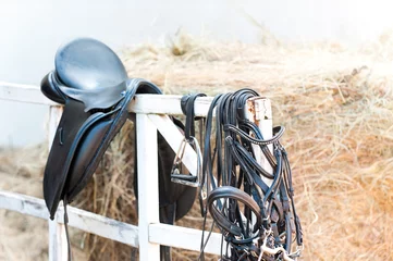 Wall murals Horse riding Black leather equestrian sport equipment and accessories hanging on fence