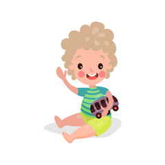 Cute little boy sitting on the floor playing with toy car cartoon vector Illustration