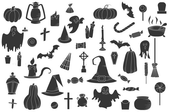 Set of hallowen elements. Vector goast, pumpkin, hat icons. Spooky illustration.