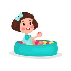 Sweet brunette little girl playing in pool with colorful balls cartoon vector Illustration