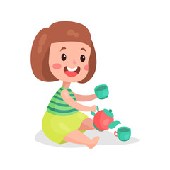 Sweet little girl sitting on the floor playing with toy cups and teapot cartoon vector Illustration