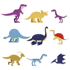 Cartoon dinosaur animals set, cute prehistoric and jurassic monster colorful vector Illustrations