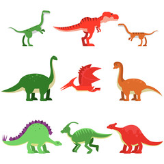 Schattige cartoon dinosaurus dieren set, prehistorische en jura monster kleurrijke vector illustraties