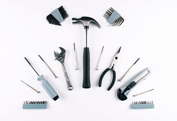 Set of various tools on white background.