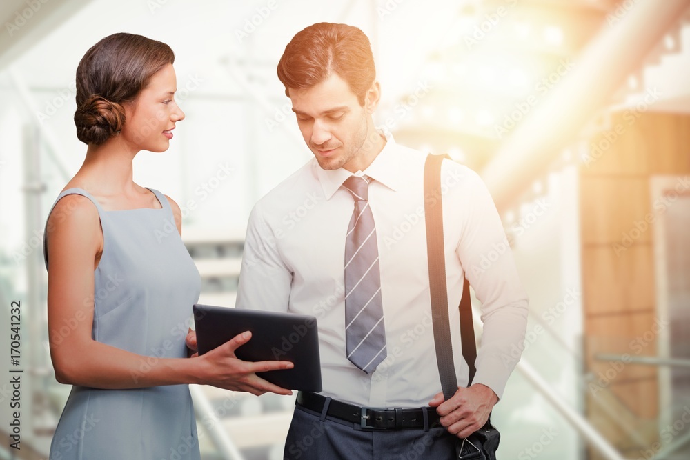 Poster composite image of businessman is touching on the screen while a