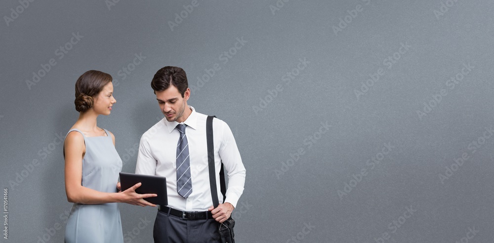 Poster composite image of businessman is touching on the screen while a