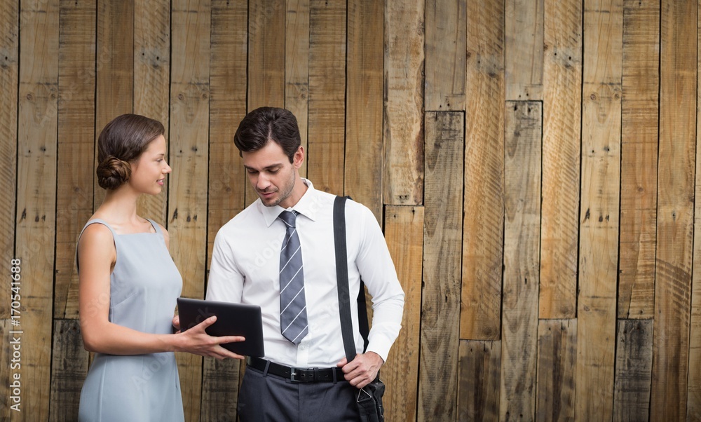 Poster composite image of businessman is touching on the screen while a