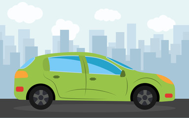Green sports car in the background of skyscrapers in the afternoon.  Vector illustration.
