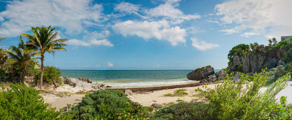 Tropical beach at the Tulum archaeological site, Quintana Roo, Mexico.