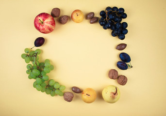 Autumn fruits and nuts on yellow background.