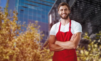 Composite image of portrait of smiling confident male owner with