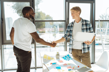 Obraz premium Positive colleagues shaking hands in the office