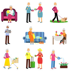 Fototapeta premium Senior man and woman activities set, elderly people lifestyle colorful vector Illustrations