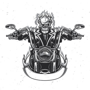 T-shirt Or Poster Design With Illustrated Skeleton Riding On The Motorcycle.