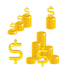 Piles gold dollars isolated cartoon set. A lot of stacks and slides of gold dollars and dollar signs for designers and illustrators. Gold bunches of pieces in the form of a vector illustration
