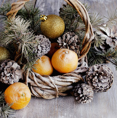 Christmas card with fir branches and decoration