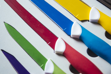 Close up Colorful Kitchen Knives with Different Purposes