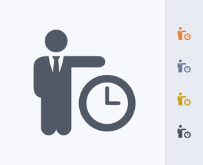 Businessman Holding Clock - Carbon Icons. A professional, pixel-aligned icon designed on a 32x32 pixel grid and redesigned on a 16x16 pixel grid for very small sizes.