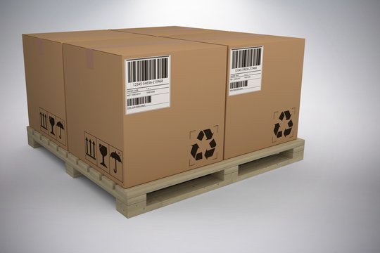 Composite image of cardboard boxes arranged on wooden pallet