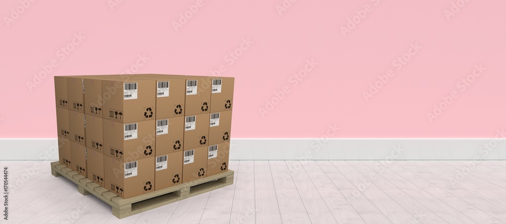 Poster composite image of stack of brown cardboard boxes arranged on