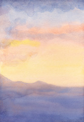 Watercolor seascape. Sunset