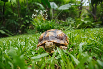 Tortoise in a greenery garden yard