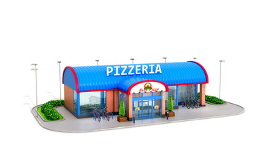 Building of pizzeria on a white background. 3D illustration - obrazy, fototapety, plakaty