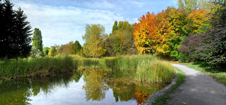panoramic image of the autumn park in October