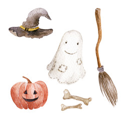 Watercolor halloween illustration on the white background. Set of icons: pumpkin, ghost, broom, hat, bones. Hand-drawn illustration.
