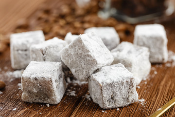 Homemade turkish delight with powdered sugar