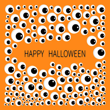 Eyes frame. Eyeball apple set. Happy Halloween baby card. Spooky orange background. Flat design.