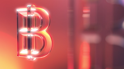 Glass bitcoin symbols against red and orange background. 3D rendering
