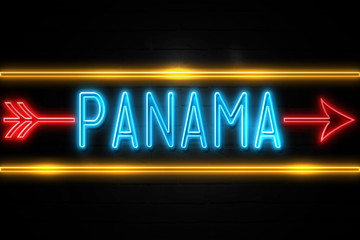 Panama  - fluorescent Neon Sign on brickwall Front view