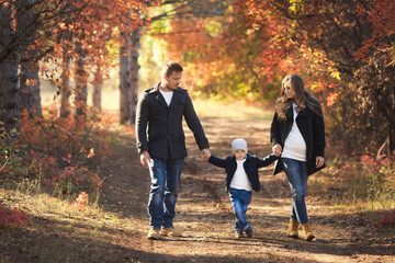 Young happy family have fun and walking in the autumn park. Pregnant woman with husband and little...