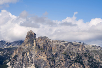 Dolomite Alps. View on Gardenaccia massif and the Sassongher peak. Alta Badia, Sud Tirol, Italy