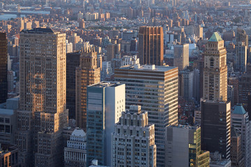 New York City Manhattan skyscrapers aerial view in the warm sunset sunlight