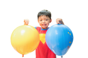 Fototapeta na wymiar Asian cute boy holding two colorful big balloons. Creativity for greeting words, sign, symbol, branding and emotion face. Isolated on white background with clipping path