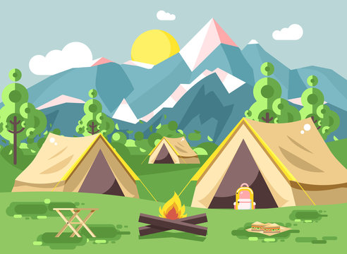 Vector illustration cartoon nature national park landscape three tents with backpack, bonfire, open fire snack sandwiches camping hiking daytime sunny day outdoor background mountains flat style