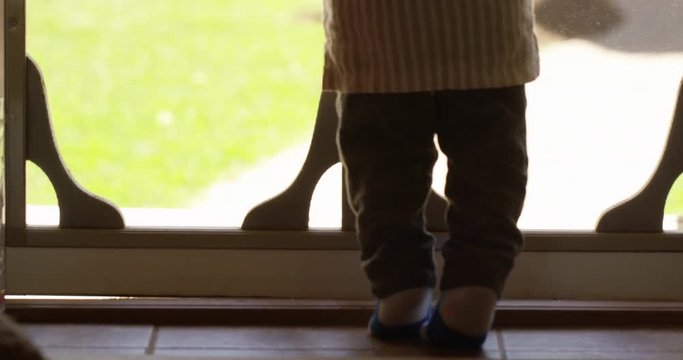 Toddler on tippy toes looking through screen