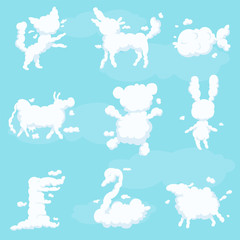 Fototapeta premium Animal clouds white silhouette set, kid imagination sweet dreams vector Illustrations