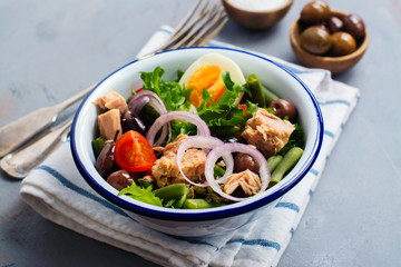 Nicoise Salad. Healthy brunch. Top view, space for text