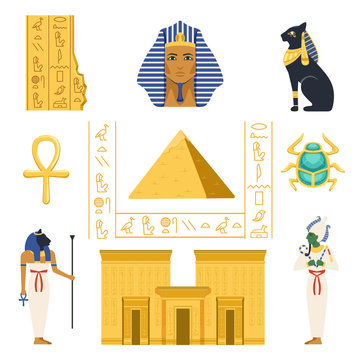 Egypt set, Egyptian ancient symbols colorful vector Illustrations