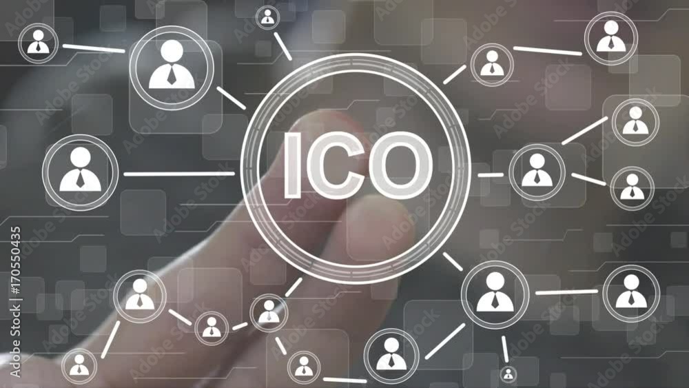 Poster businessman presses currencies button ico initial coin offering on virtual digital electronic user i