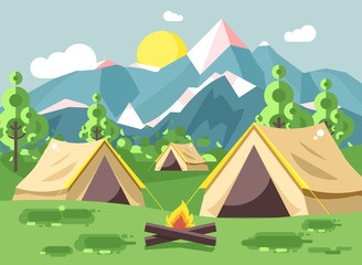 Vector illustration cartoon nature national park landscape with three tents camping hiking bonfire, open fire, bushes lawn, trees, daytime sunny day outdoor background of mountains in flat style