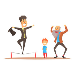 Tightrope walker performing before happy people, circus or street actor colorful cartoon detailed vector Illustration
