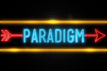 Paradigm  - fluorescent Neon Sign on brickwall Front view