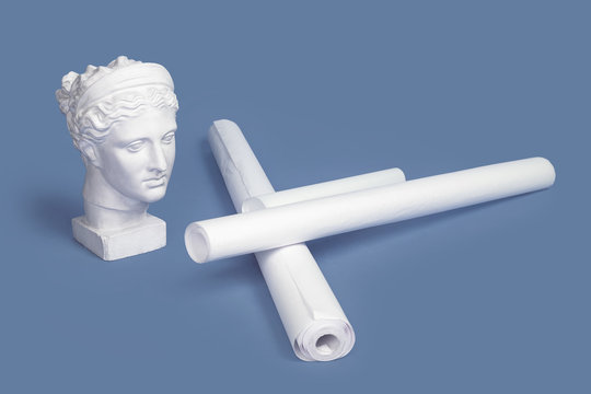 Marble Head Of Young Woman, Ancient Greek Goddess Bust With Paper Rolls Or Scrolls On Pink Background. Architecture Project, Art, Building, Construction, Real Estate Concept. Space For Text