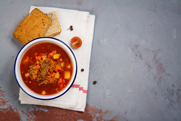 Bowl of traditional hungarian goulash soup. Copy space
