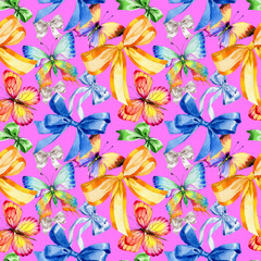 Watercolor holiday coloful ribbon pattern bow greeting illustration. Festive decoration bunting clip art. Birthday party design elements set. Isolated on white background.