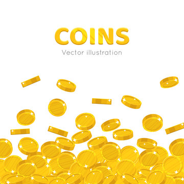 Raingold coins cartoon background. A rain of the flying gold of coins frame in a cartoon style. Falling gold pieces in the form of vector illustrations
